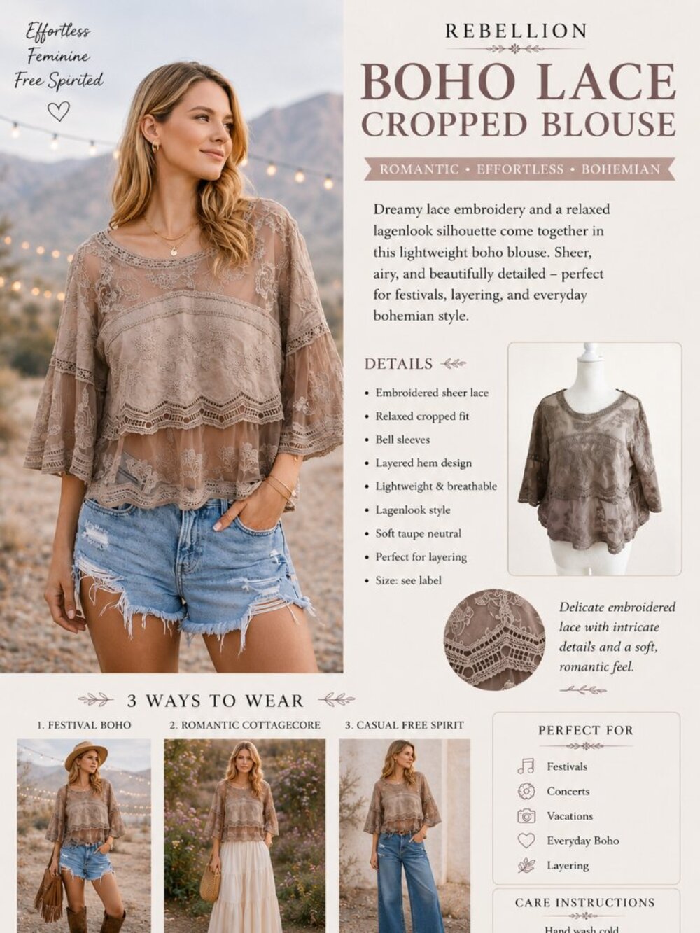 Womens Boho Lace Blouse Sheer Embroidered Cropped Lagenlook Romantic Flowy - Picture 2 of 9